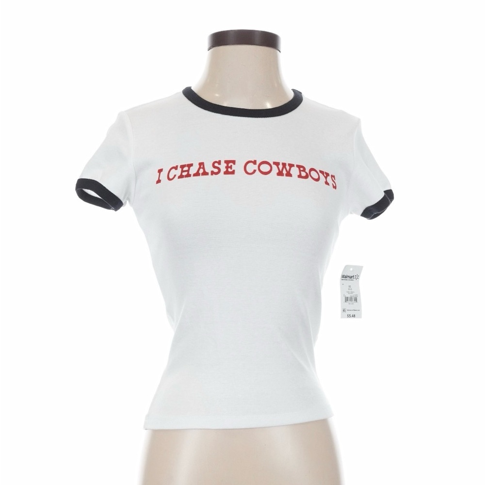 NWT!! I Chase Cowboys White Ringer Tee with Black Trim